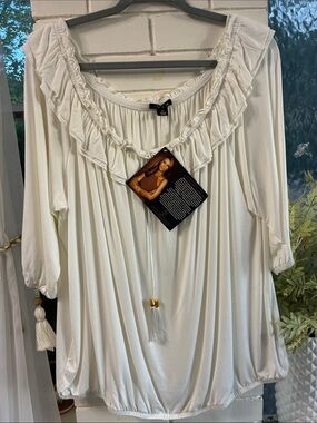 IMAN Cream Ruffle-Tassel Peasant Tunic